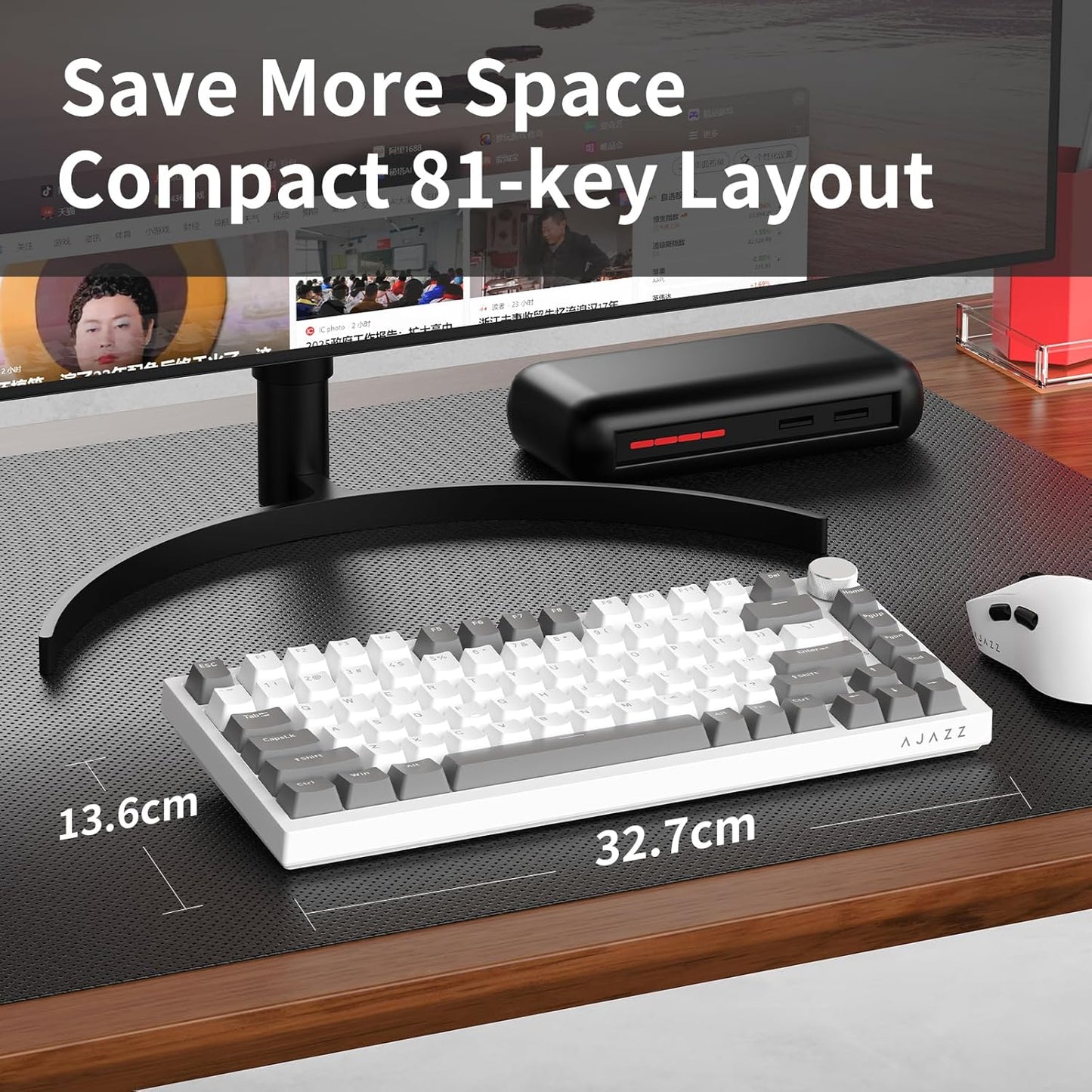 AJAZZ AK820PRO 75% Hot Swap Gasket Mount Mechanical Keyboard with TFT Display Screen, 4000mAh BT/2.4G/Wired RGB South Facing LED, MOA Profile Keycaps & Knob Control Flying Fish Switch