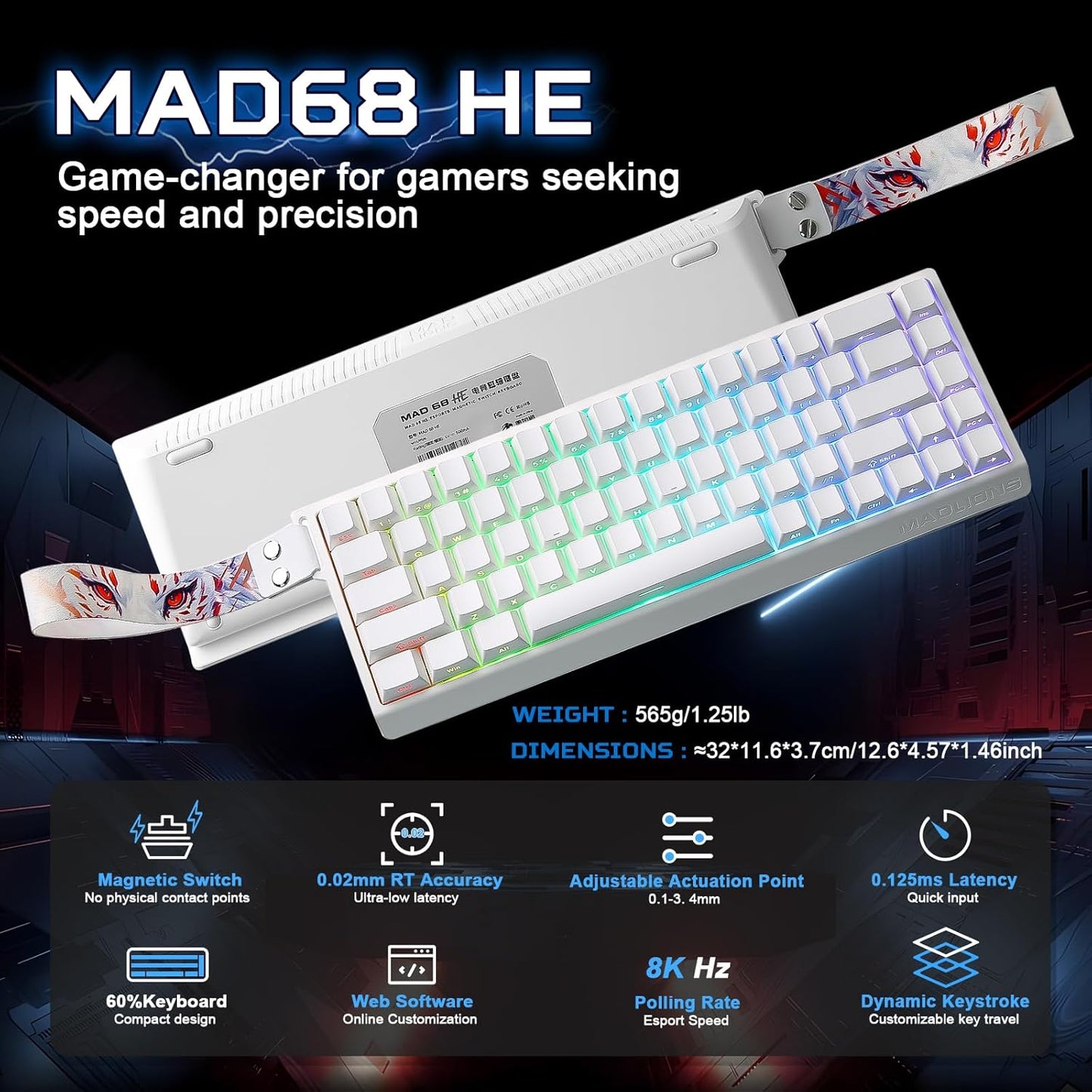 YUNZII x MADLIONS MAD68 HE Rapid Trigger Wired Magnetic Mechanical Gaming Keyboard 60% Hall Effect Switches Adjustable Actuation, PBT Keycaps RGB Hot-Swap,8K Hz Polling Rate(Black,Amber Pro Switch)