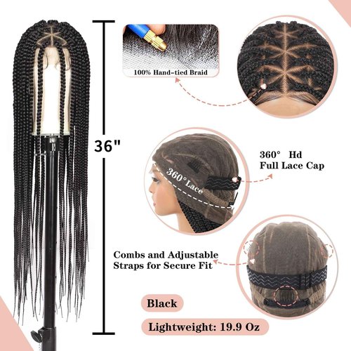 Lexqui 36'' Knotless Box Braided Wigs for Women Braided Lace Wigs Full Lace Braided wig Premium Synthetic Triangle Lace Front Braided Wigs with Baby Hair Braid Lace Front Wig Natural Black