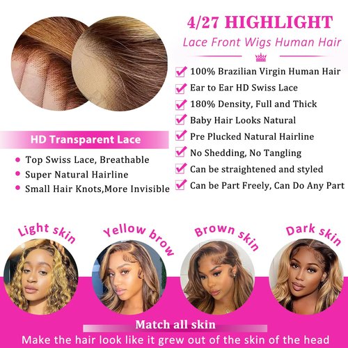 GAOYIFU Highlight Ombre Lace Front Wig Human Hair Honey Blonde 13x6 HD Body Wave Lace Front Wigs Human Hair Pre Plucked 180 Density 4/27 Frontal Glueless Highlighted Wig for Black Women 20 Inch