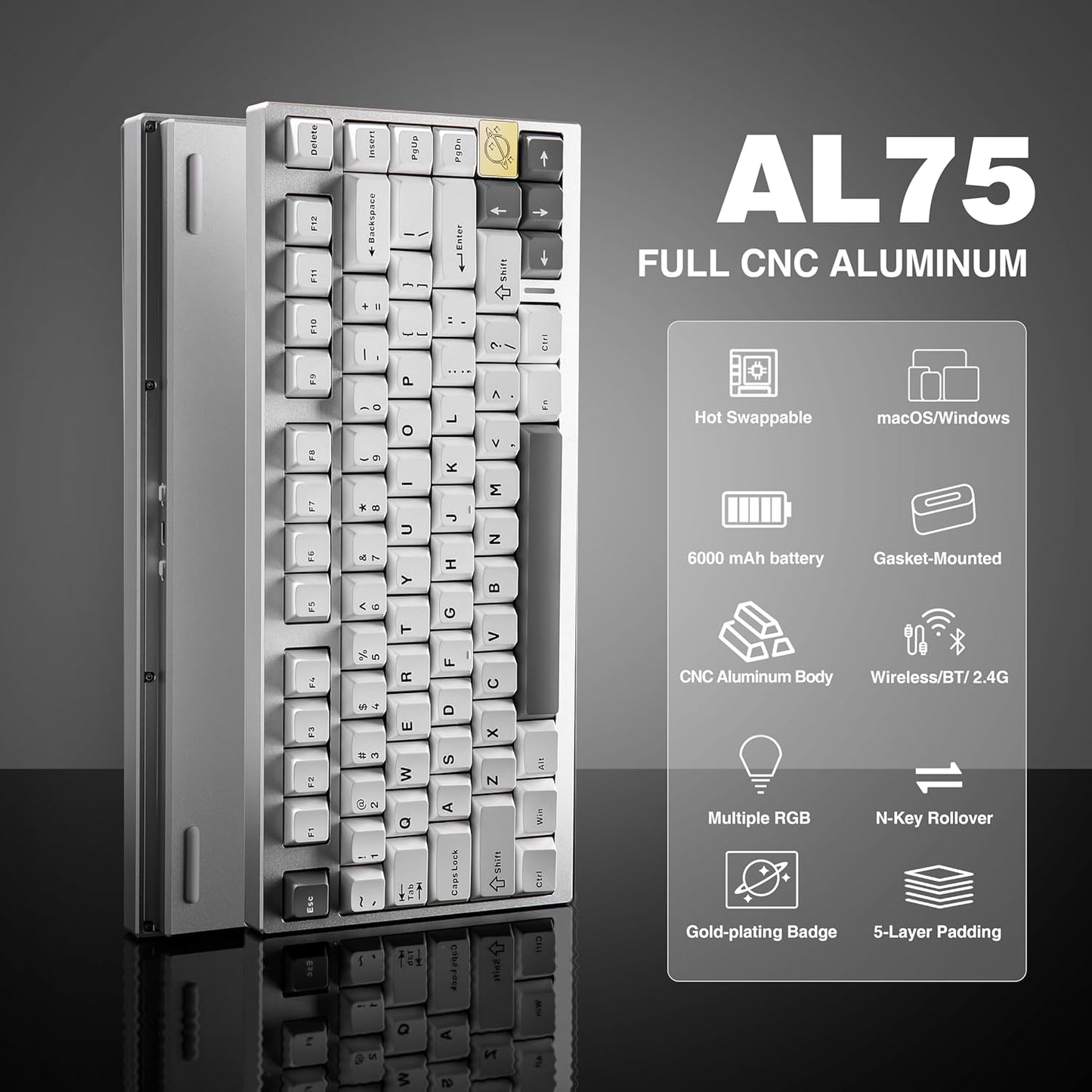 YUNZII AL75 75% Gaming Keyboard(Blue Grey Switch,Silver) Keyboard Wrist Rest (Pink)