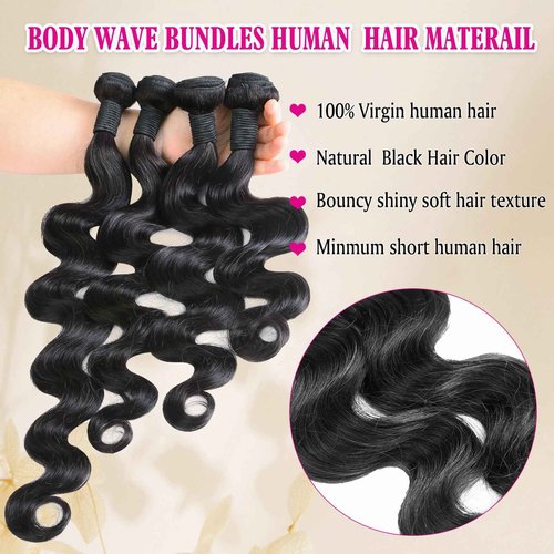 BAOHUKE 4 Bundles Human Hair Body Wave 20 22 24 26 Inch 100% Brazilian Virgin Hair Body Wave Bundles Human Hair Extensions Quick Weave Bundles Human Hair For Women Natural Black