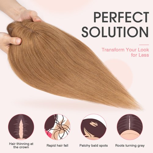 TESS Real Hair Toppers for Women Handmade Lace Base Womens Clip In Hairpieces with Bangs 5 Clips Natural Coverage Soft and Secure 2×6", Light Brown