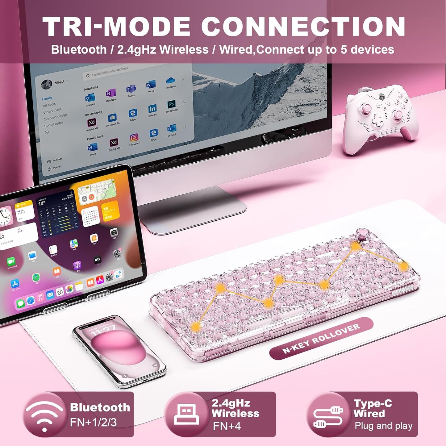 YUNZII X98 QMK/VIA Wireless Mechanical Gaming Keyboard with Knob,Tri-Mode BT5.0/USB-C/2.4GHz Hot Swappable Keyboard,Pre-lubed Switches Gasket Mount RGB Backlit for Wins/Mac (White, Snow Switch)