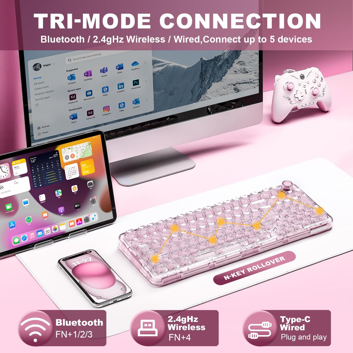 YUNZII X98 QMK/VIA Wireless Mechanical Gaming Keyboard with Knob,Tri-Mode BT5.0/USB-C/2.4GHz Hot Swappable Keyboard,Pre-lubed Switches Gasket Mount RGB Backlit for Wins/Mac (Pink, Snow Switch)