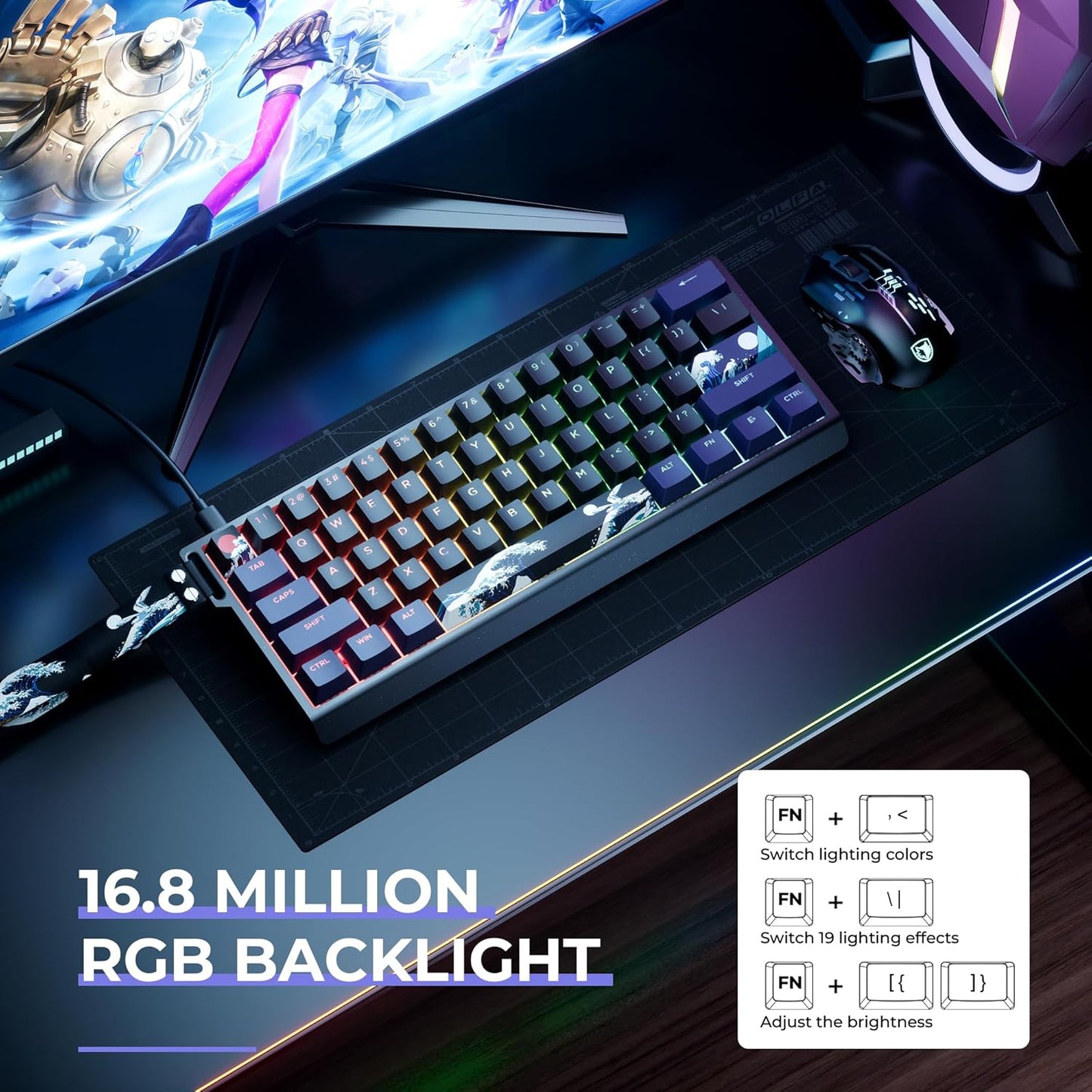XVX 60% Percent Keyboard with Strap, H61 Wired Aluminum Gaming Keyboard and Wired Gaming Mouse