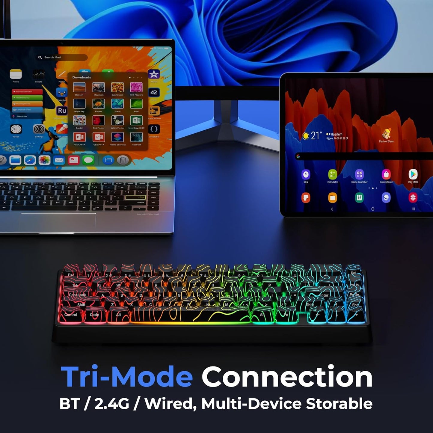 XVX M67 Wireless 60% Percent Keyboard, QMK/VIA Topographic Gaming Keyboard, Tri-Mode Thocky Creamy Mechanical Key Board, Hot Swappable Gasket Mount RGB IMD Tech for Win/Mac, Miami Theme, White