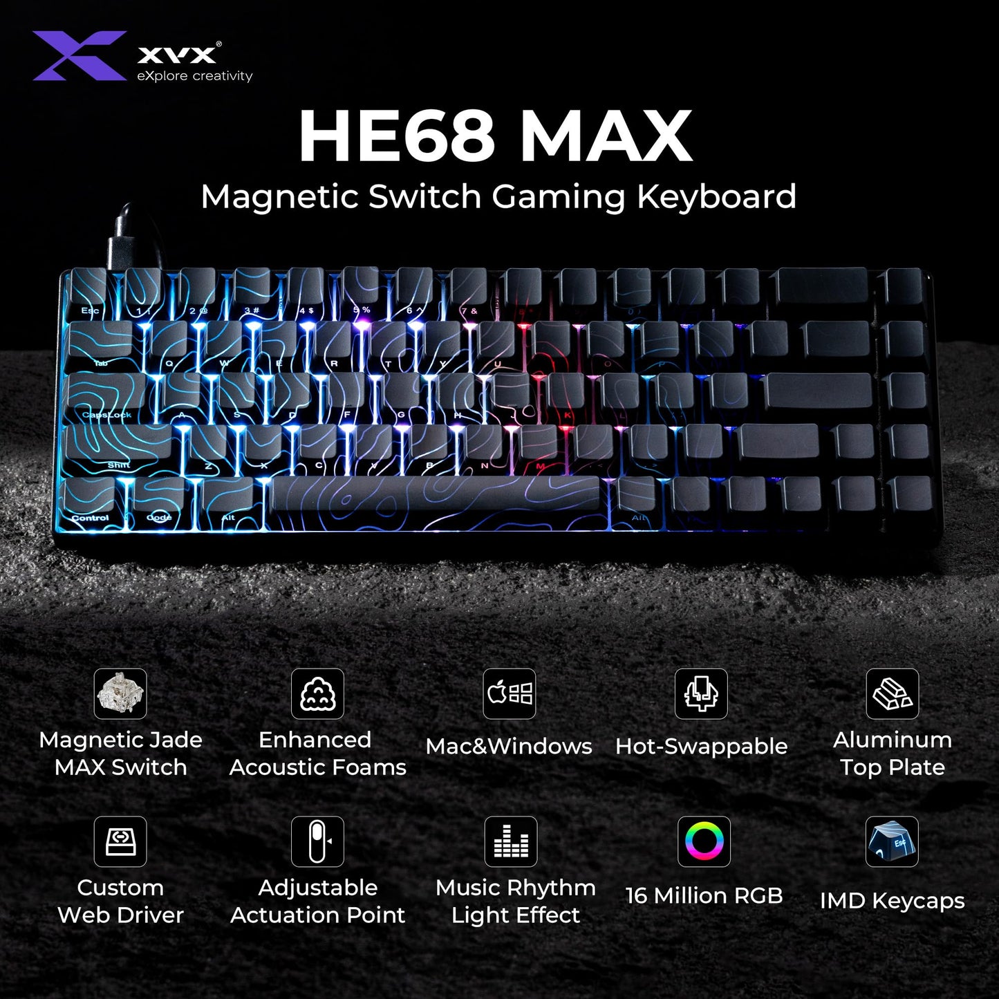 XVX HE68 Max Rapid Trigger Keyboard 60% Percent,Hall Effect Keyboard with Gateron Magnetic Jade Max Switch,CNC Aluminum Frame Custom Mechanical Key Board for PC/Laptop/Xbox/PS4/PS5, Black Phantom