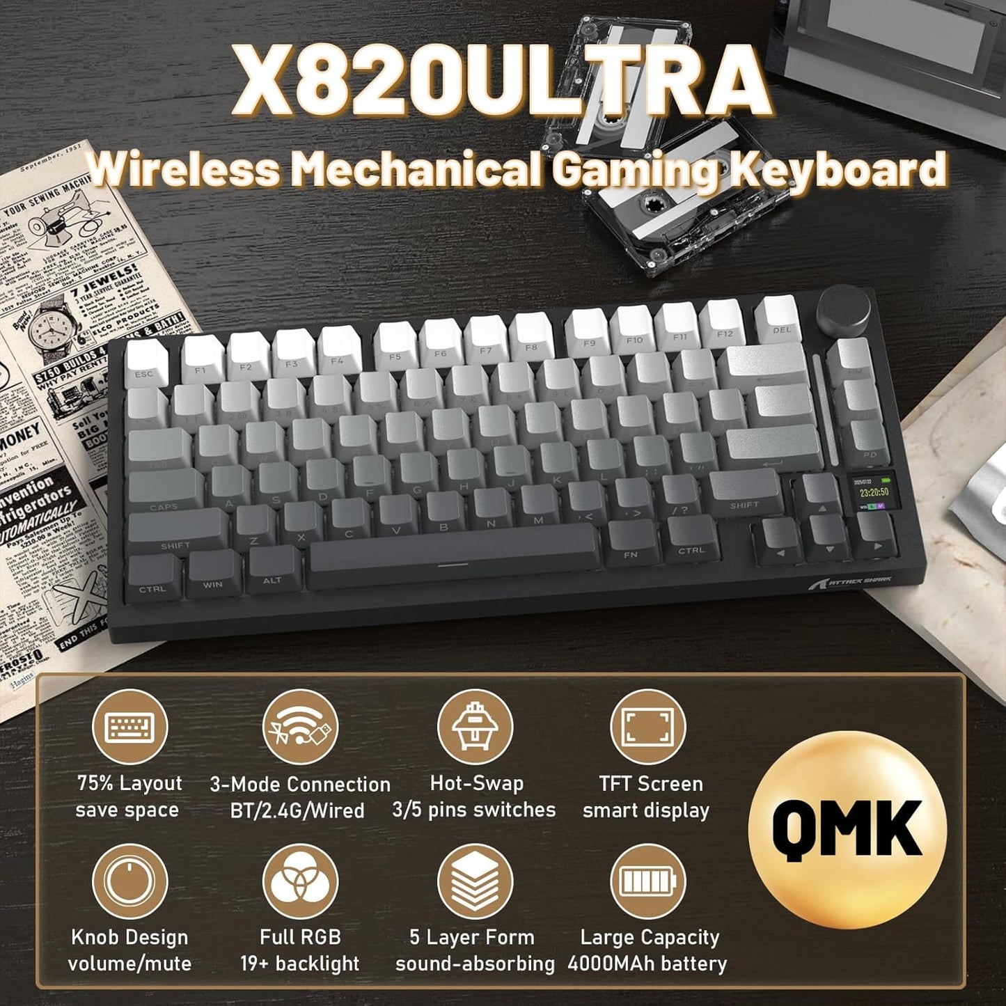 Attack Shark ajazz AK820 Pro 75% Mechanical Keyboard and Coiled Cable Hot Swappable Wireless 2.4GHz/Bluetooth/Wired TFT Screen & Knob Flying Fish Switch RGB Gasket Mount Custom Keyboard-Black