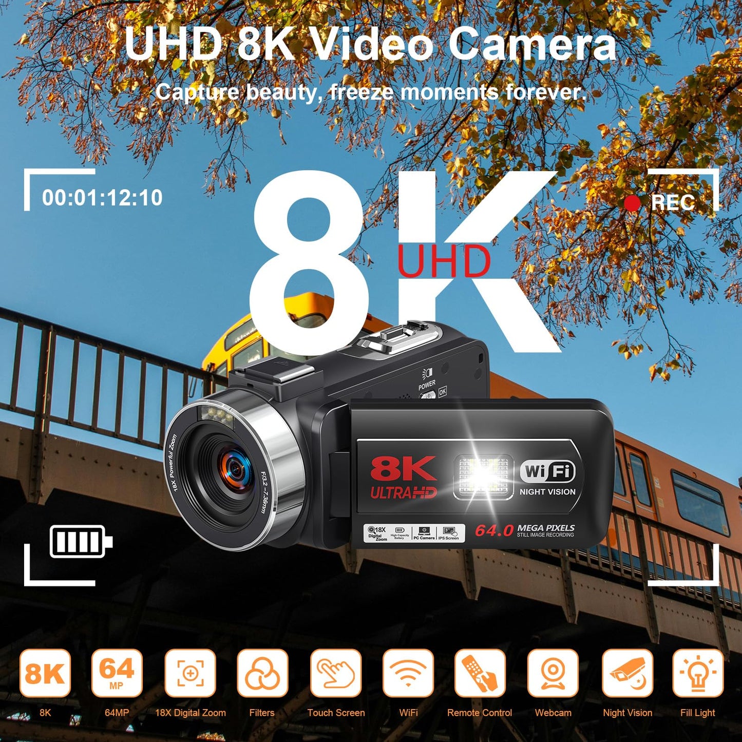 8K 64MP Video Camera Camcorder IR Night Vision Vlogging Camera 18X Zoom WiFi Digital Camera for YouTube 3.0'' Touch Screen Camcorder with 64GB SD Card, 2 Batteries, Remote Control, Mic and Stabilizer