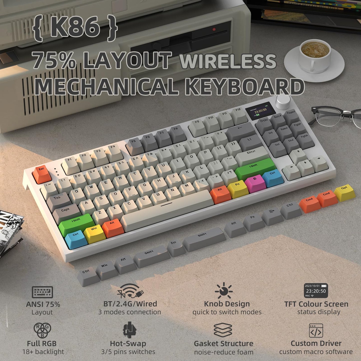 RK86 Mechanical Keyboard, 2.4G Wireless/BT5.0/USB-C Wired Gaming Keyboard 75% Layout TKL 87 Keys with 1.2'' TFT HD Color Display & CNC Knob, 27 RGB Backlit TTC Hot-Swap Linear Switch PBT Keycap - Grey