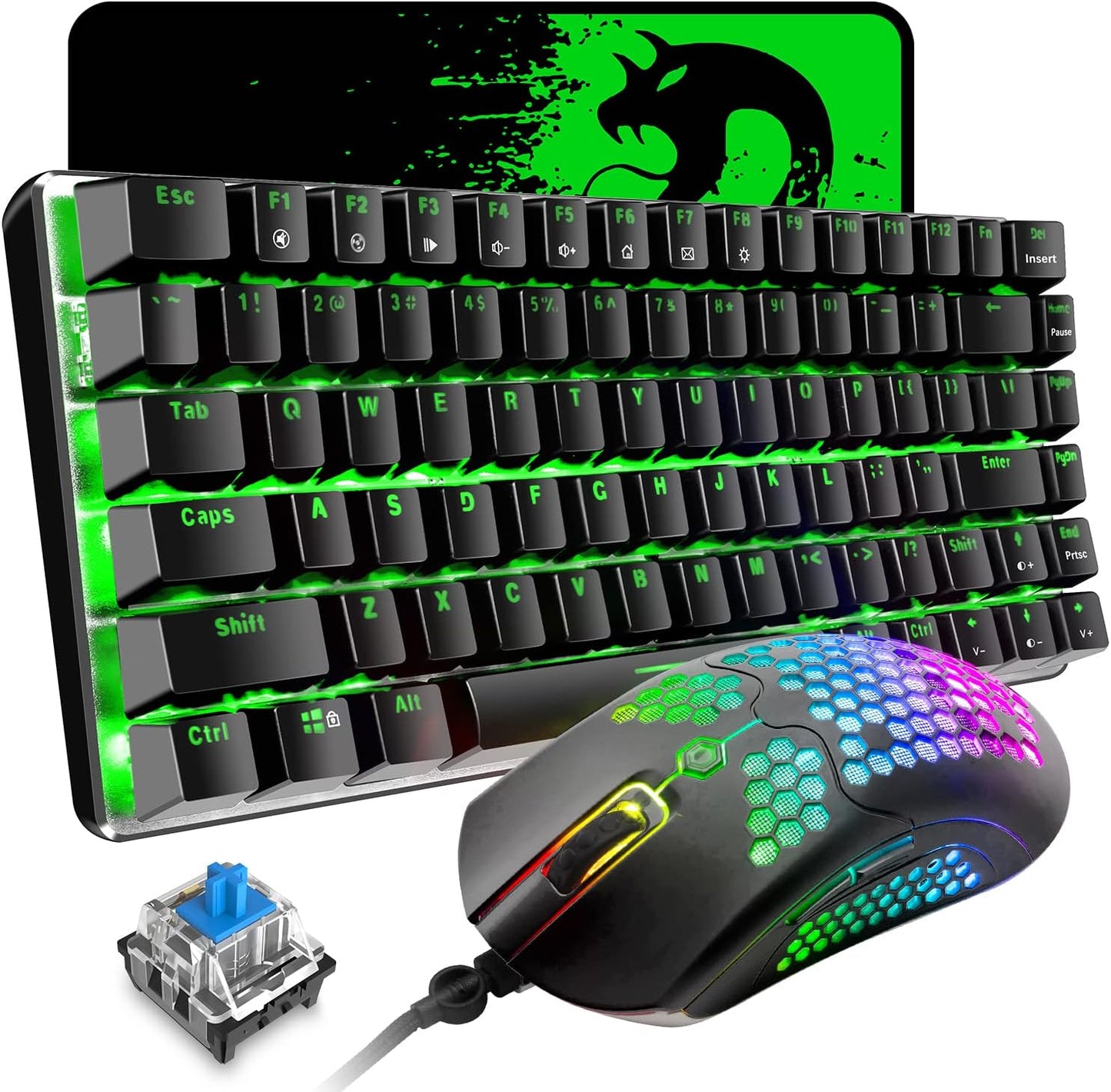 ZIYOU LANG Wired Gaming Keyboard and Mouse,3 in 1 Gaming Set,Green LED Backlit Mechanical Keyboard,12K DPI Superlight Gaming Mouse,Large Mouse Pad for PC Gamer