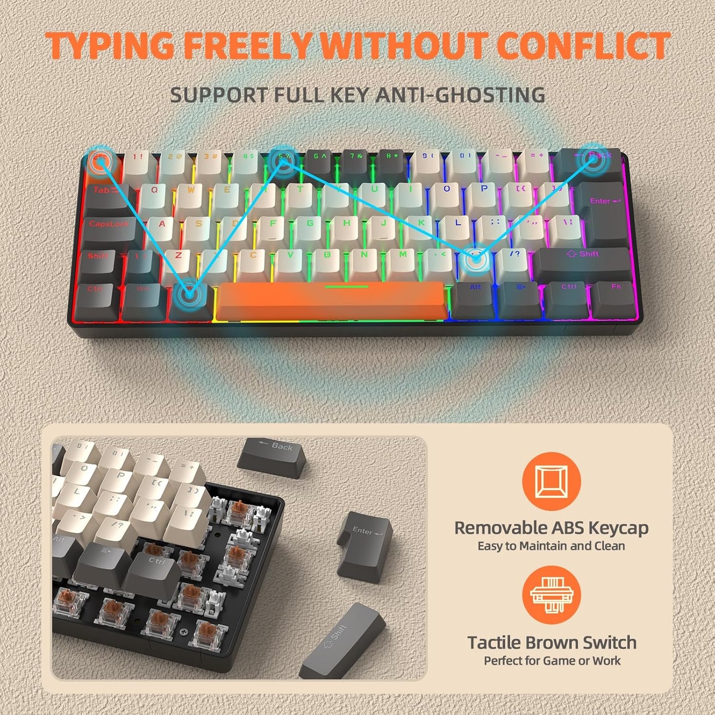ZIYOU LANG T60 Wired 60% TKL Mechanical Gaming Keyboard with Led Rainbow Backlight Ultra-Compact NKRO Tactile Clicky Blue Switch Tri-Color ABS Keycap for Windows Laptop PC Mac Gamer(Pink/White)