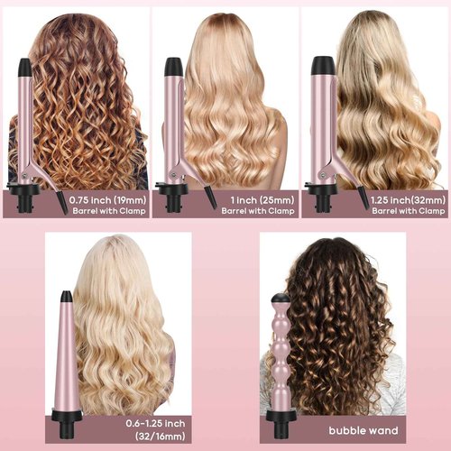 Prizm Pro Clamp Curling Iron Set,5 Interchangeable Barrel Curling Wand,Hair Wand 11 LCD Adjustable Temp,0.6 to 1.25 Inch,Bubble Wand,Tapered Curling Iron Travel Dual Voltage Rose Pink