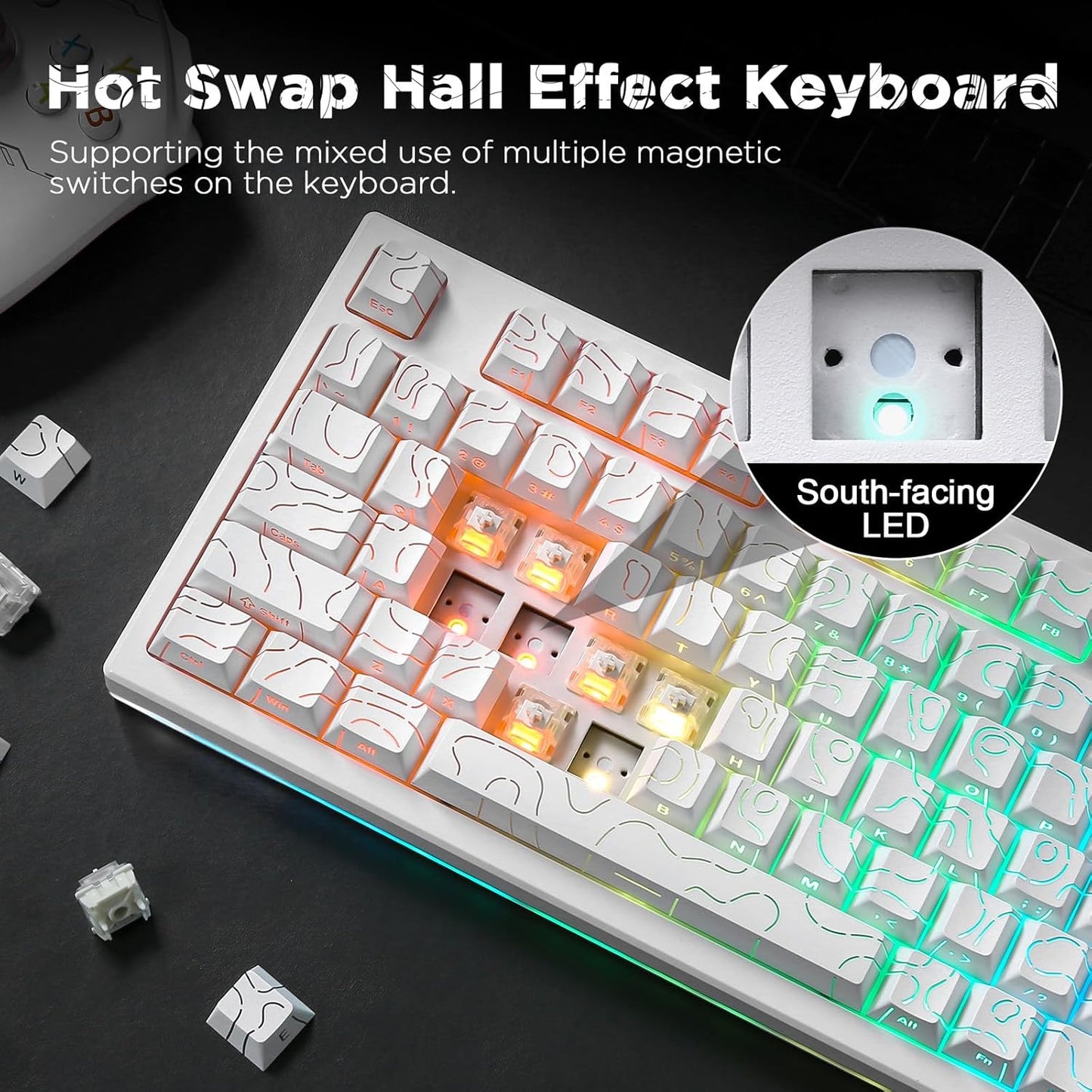 YUNZII RT80 Rapid Trigger Hall Effect Magnetic Gaming Keyboard,8K Polling Rate,75% Layout,BT/2.4GHz/Wired,RGB Backlit,Gasket Hot Swap,Adjustable Actuation for Win/Mac (White Line, Gateron White)