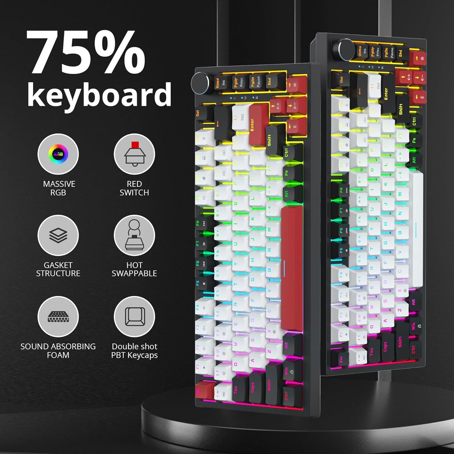 75 Percent Keyboard Gasket-Mounted with Sound Absorbing Pads, 82-Key Compact Wired RGB Mechanical Gaming Keyboard Hot-Swap Socket for Win, Monster