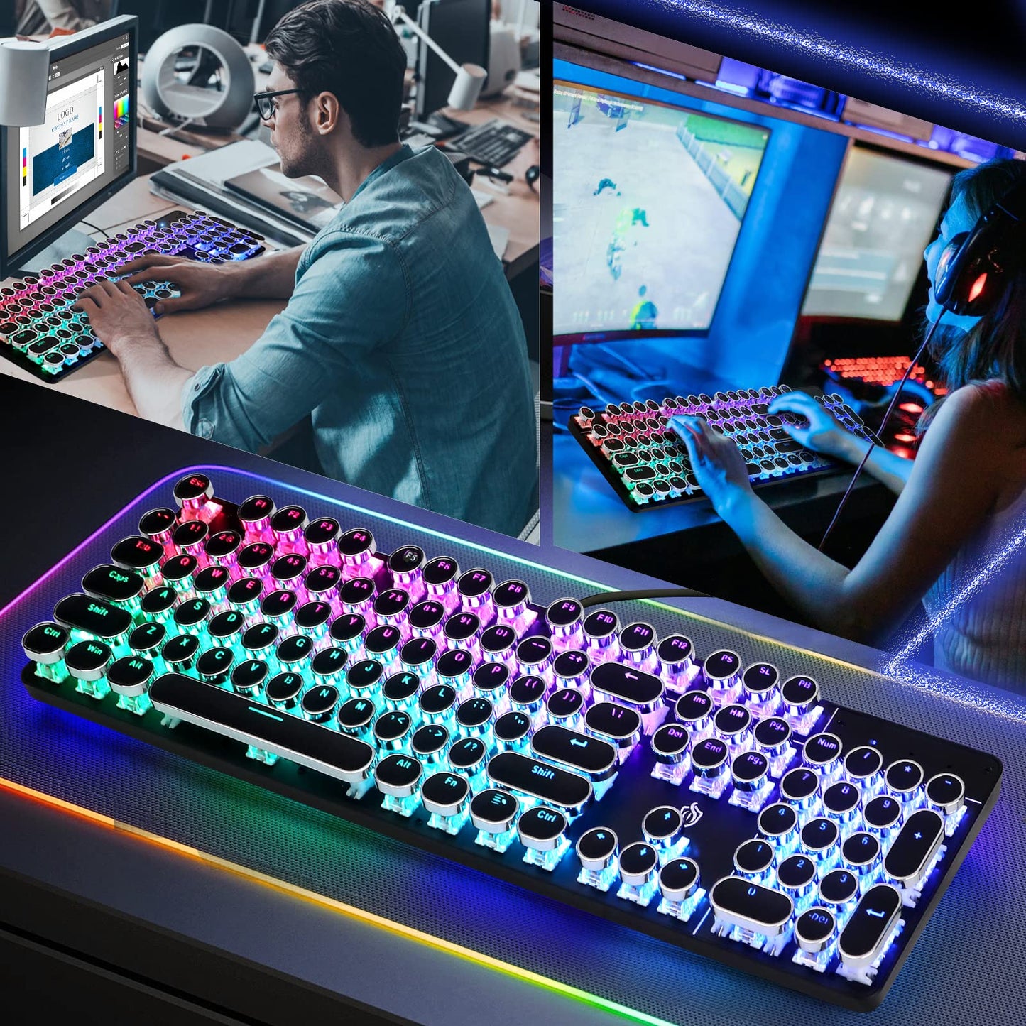 YSCP Typewriter Style Mechanical Gaming Keyboard RGB Backlit Wired with Blue Switch Retro Round Keycap 104 Keys Keyboard Compatible with Laptops/Chromebook/Desktop (Black 104 Keys RGB)