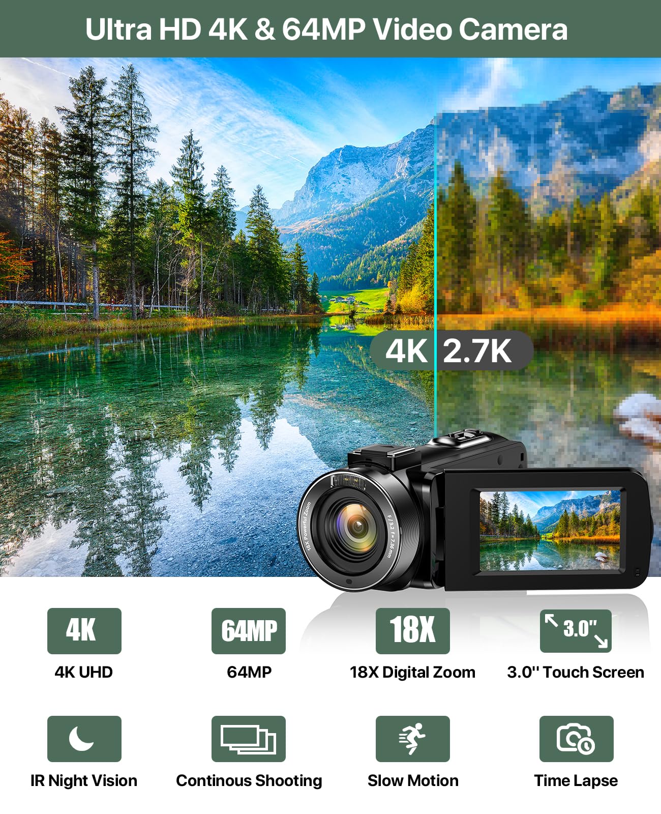 4K Video Camera Camcorder 64MP Vlogging Camera for YouTube 18X Digital Zoom 3.0''Touch Screen IR Night Vision with External Stereo Microphone,Handheld Stabilizer,Remote,Lens Hood,32G Card &2 Batteries