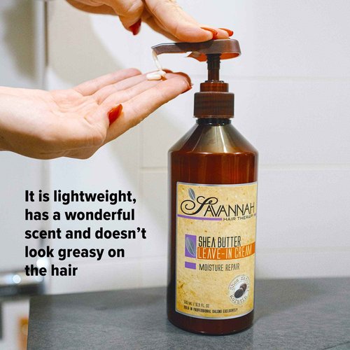 Savannah Hair Therapy Bundle: Shea Butter Shampoo 16.9 oz (500ml) + Conditioner 16.9 oz (500ml) + Leave-in-Cream 16.9 oz (500ml), for All Types of Hair, Natural Keratin Treatment