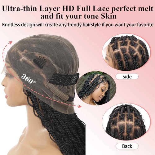 Zurffiy 360° HD Full Lace Knotless Boho Braided Wigs for Women Box Braid Wig With Baby Hair Premium Synthetic Braided Lace Front Wigs Natural Black 36 Inch