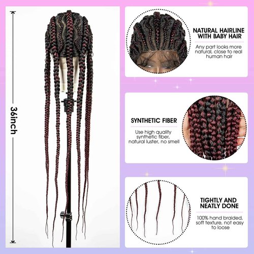 sedittyhair Braided Wigs Synthetic Full Head Lace Wig Braided Wigs for Black Women 36 Inches Braiding Hair Burgundy Color Lace Frontal Lightweight Artificial Braids Wigs with Baby Hair