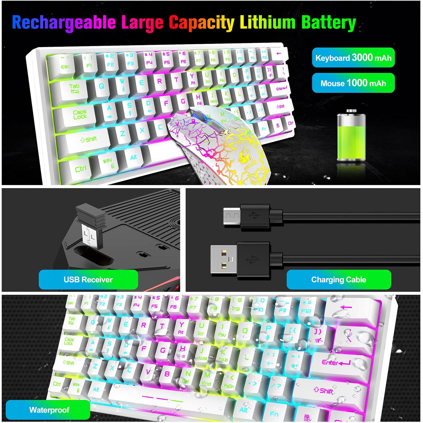 ZIYOU LANG T61 Wireless Gaming Keyboard and Mouse Combo with Ergonomic 61 Key Rainbow LED Backlight Anti-ghosting Mechanical Feel Rechargeable 4000mAh Battery Mouse Pad for PC MAC Gamer Typists(White)