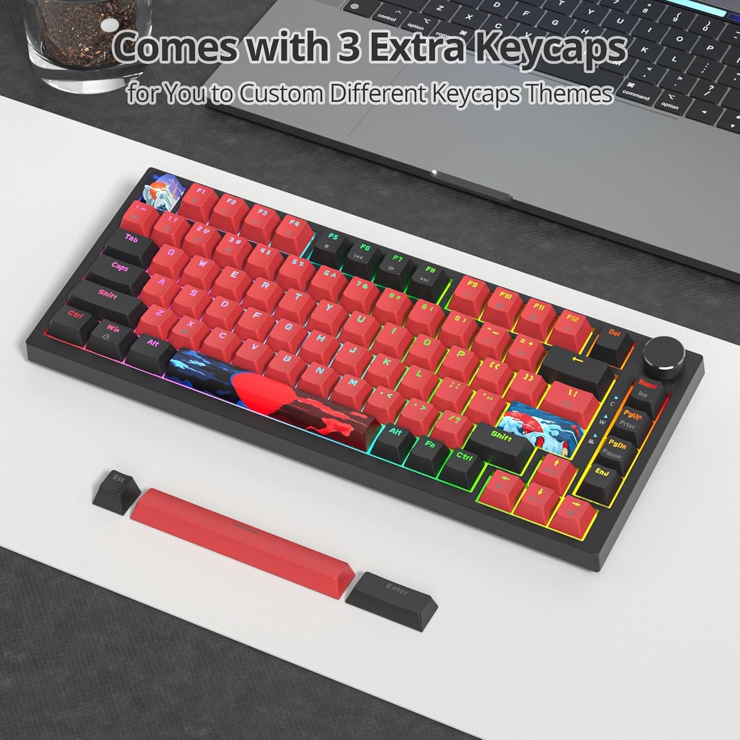 75% Mechanical Gaming Keyboard with Volumn Knob, Gasket Hot Swappable RGB, Wired, Red Switch, 82 Keys Compact Creamy (Black Grey)