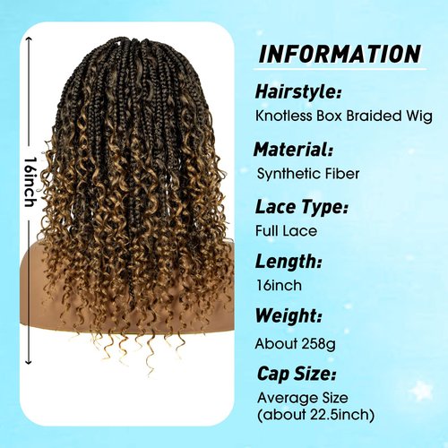 A ANYTIME Qiyu 18" Short Knotless Box Braided Wigs for Women Braided Lace Wigs with Curly Ends Bob Braids Wigs Full Lace Braided Wig with Baby Hair Natural Blended Braiding Hair Wig(1B/27