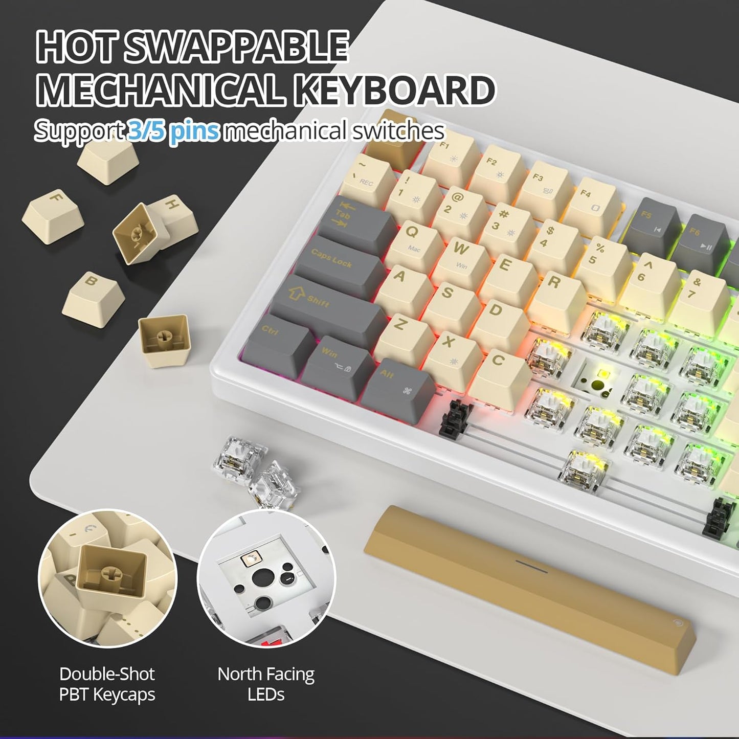 75% Mechanical Gaming Keyboard with Volumn Knob, Gasket Hot Swappable RGB, Wired, Red Switch, 82 Keys Compact Creamy (Black Grey)
