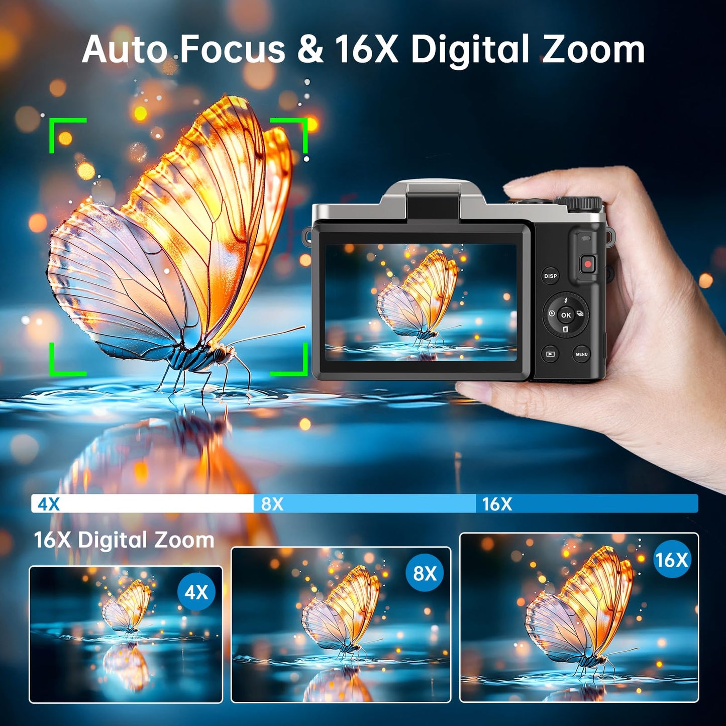4K Digital Camera for Photography with WiFi, 2025 Latest Auto-Focus Vlogging Camera for YouTube Video 3'' 180° Flip Screen Travel Cameras 16X Zoom Anti-Shake 4K Cameras with SD Card, 2 Batteries