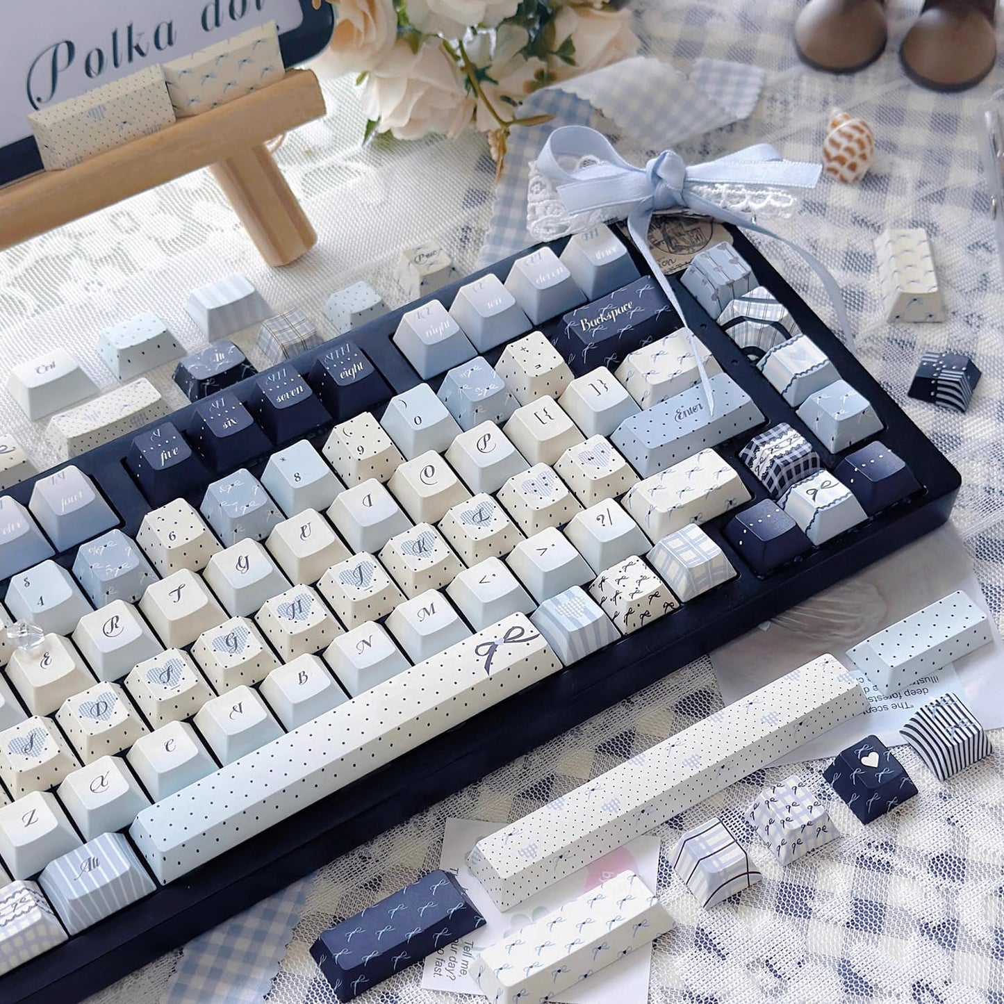 145 Keys PBT Keycap Cherry Profile, Light Blue White Black Bow Aesthetic Dye Sublimation Gaming Custom Keycaps for ANSI/ISO Layout Mechanical Keyboards