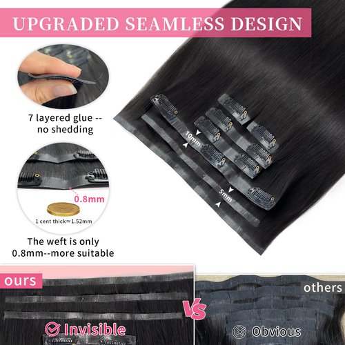FBLhair 16 inch Seamless Clip in Hair Extensions Real Human Hair 110g 7pcs Invisible Soft PU Clip in Hair Extensions for Black Women Virgin Human Hair Extensions Clip ins 1B Natural Black Straight