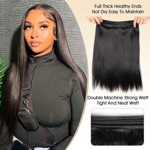 Human Hair Bundles with Closure Straight(16 18 20 +14,Free Part) Closure with 3 Bundles Brazilian Virgin Hair 16A Extensions with Pre Plucked with Baby Hair 4X4 HD Lace Closure Natural Black Color