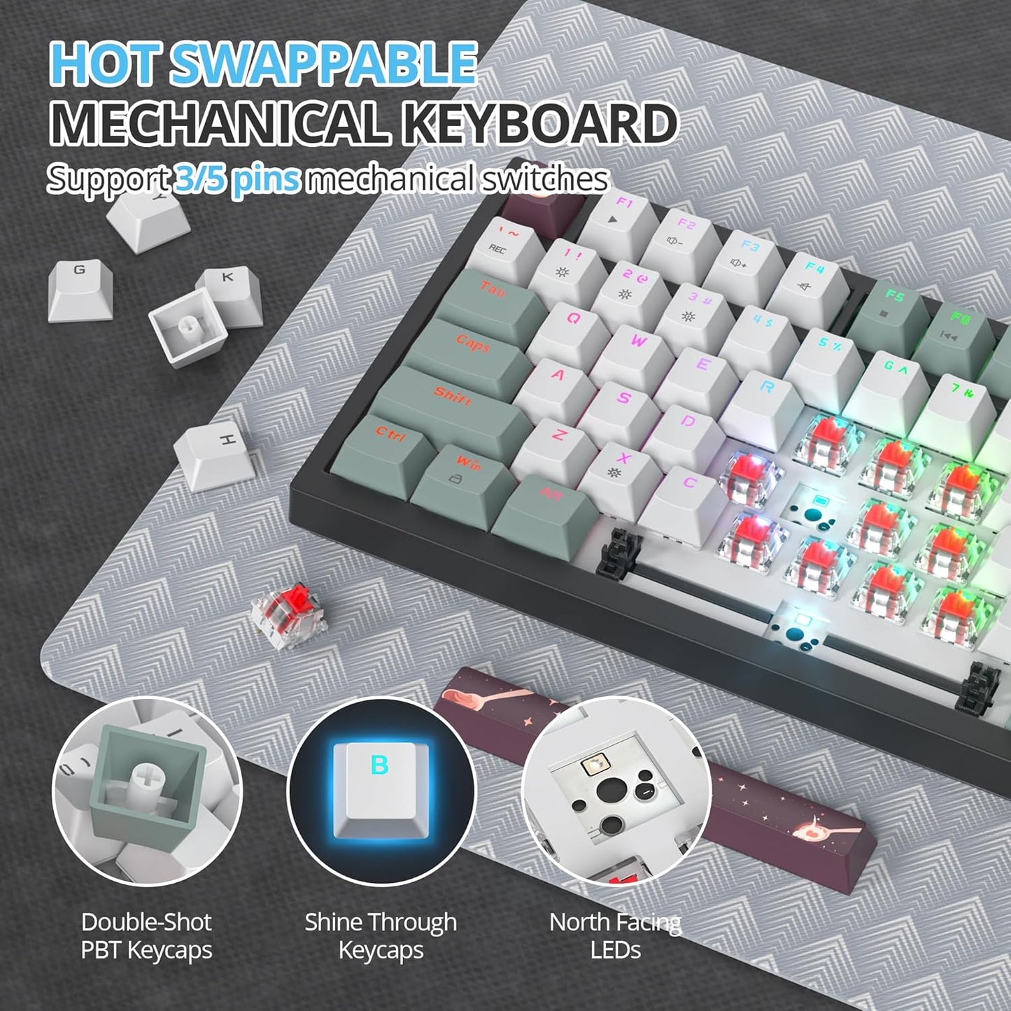 75 Percent Keyboard Gasket-Mounted with Sound Absorbing Pads, 82-Key Compact Wired RGB Mechanical Gaming Keyboard Hot-Swap Socket for Win, Blue Samurai