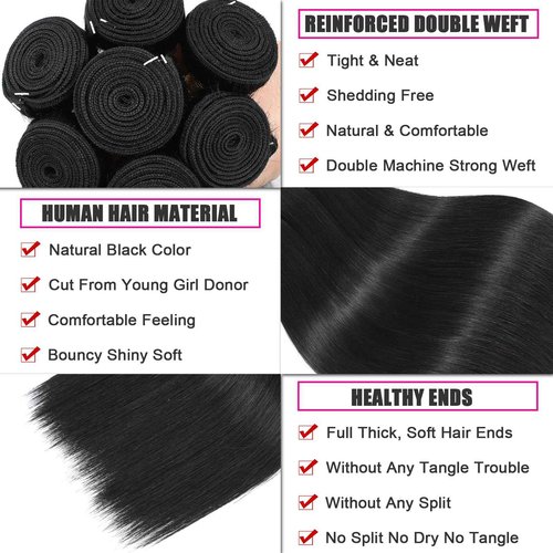NROOEAY Straight Bundles Human Hair 34 inch 100% Unprocessed Brazilian Straight Hair Bundles 12A Remy Virgin Retain the Intact Cuticle, Long Lifespan