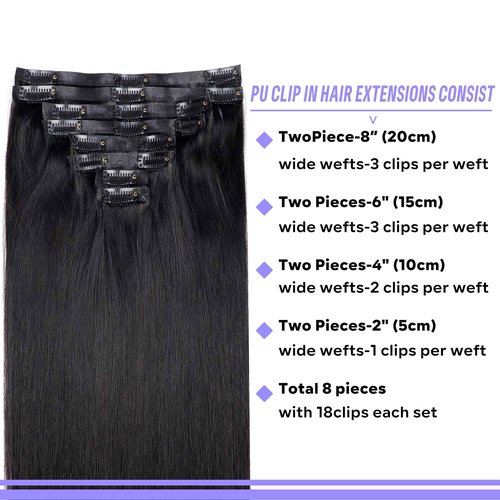 Pobokix Seamless Clip In Hair Extensions Real Human Hair Straight 8Pcs 120g Hair Extensions Clip In Brazilian Human Hair Extensions PU Skin Weft with 18Clips 24inch Natural Black