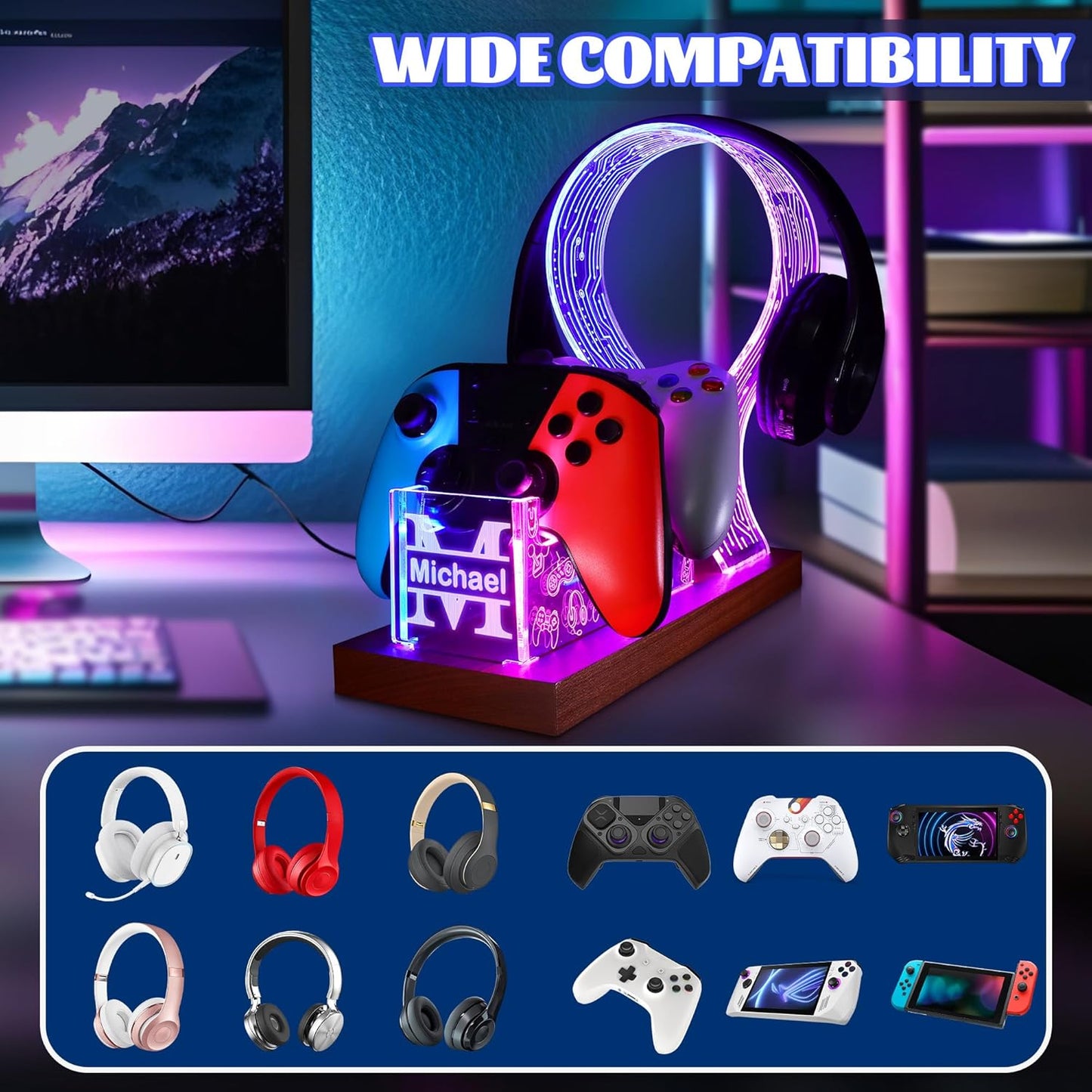 YuanDian Gamer Gifts for Teenage Boy, Desk Gaming Headset and Controller Stand with Blue Pink LED Night Light, Acrylic Wooden Controller Holder with PCB Pattern, Desk Decor Gift