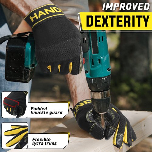 HANDLANDY Leather Work Gloves for Men & Women, Utility Mechanic Touch Screen Working Gloves for Gardening, Driving, Tool Handling, Construction (Yellow Black, Medium)
