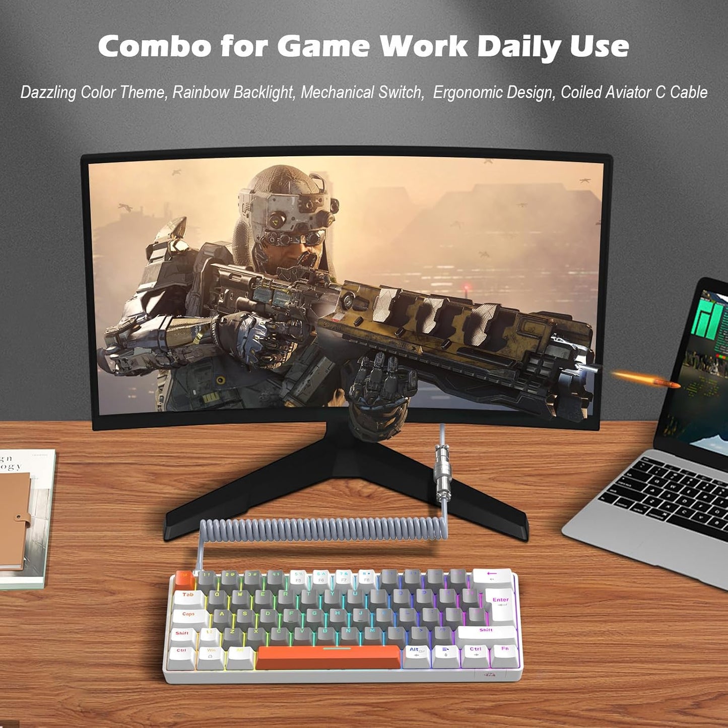ZIYOU LANG RK-T60 Wired Mechanical Gaming Keyboard and Mouse Combo Portable with Rainbow Backlit 62Key NKRO 6400DPI RGB Honeycomb Mice Coiled Aviator Cable for PS4/PC/WIN Gamer(Light Gray/Red Switch)