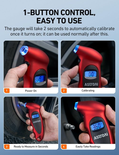 AstroAI Digital Tire Pressure Gauge 0-150PSI, Accurate in 0.1 Increments, Tire Pressure Gauge with Backlit LCD and Presta Valve Adaptor, 4 Units of Measurement for Car Truck Bicycle, Red