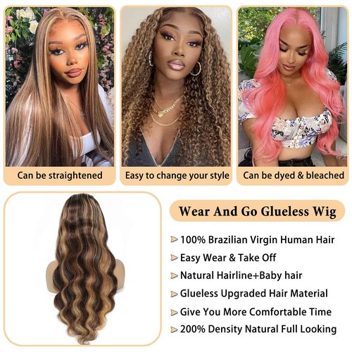 Highlight Ombre Glueless Wigs Human Hair Pre Plucked Pre Cut 200% Density 5x5 HD Lace Closure Wigs Human Hair P4/27 Colored Honey Blonde Body Wave Lace Front Wigs Human Hair for Women (18 Inch)
