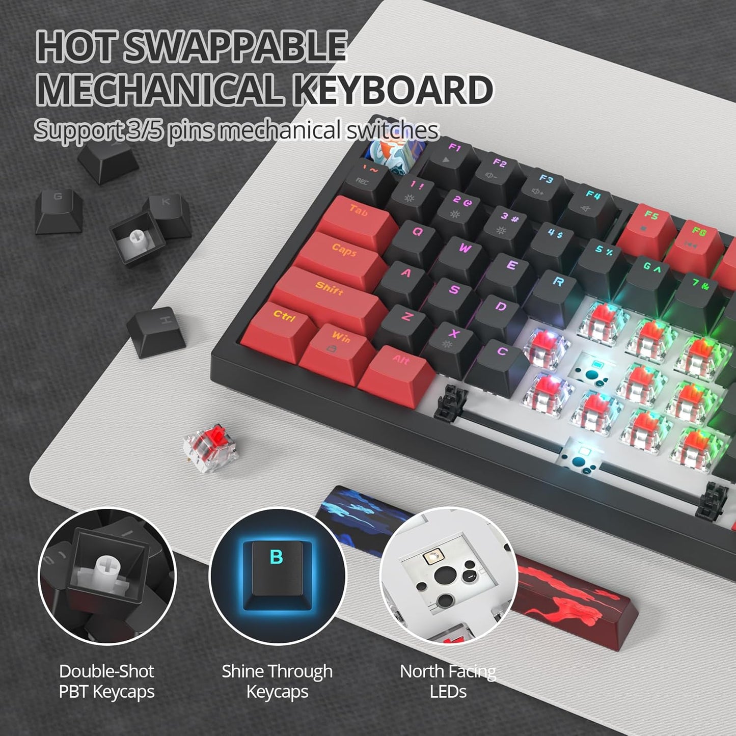 75% Mechanical Gaming Keyboard with Volumn Knob, Gasket Hot Swappable RGB, Wired, Red Switch, 82 Keys Compact Creamy (Black Grey)