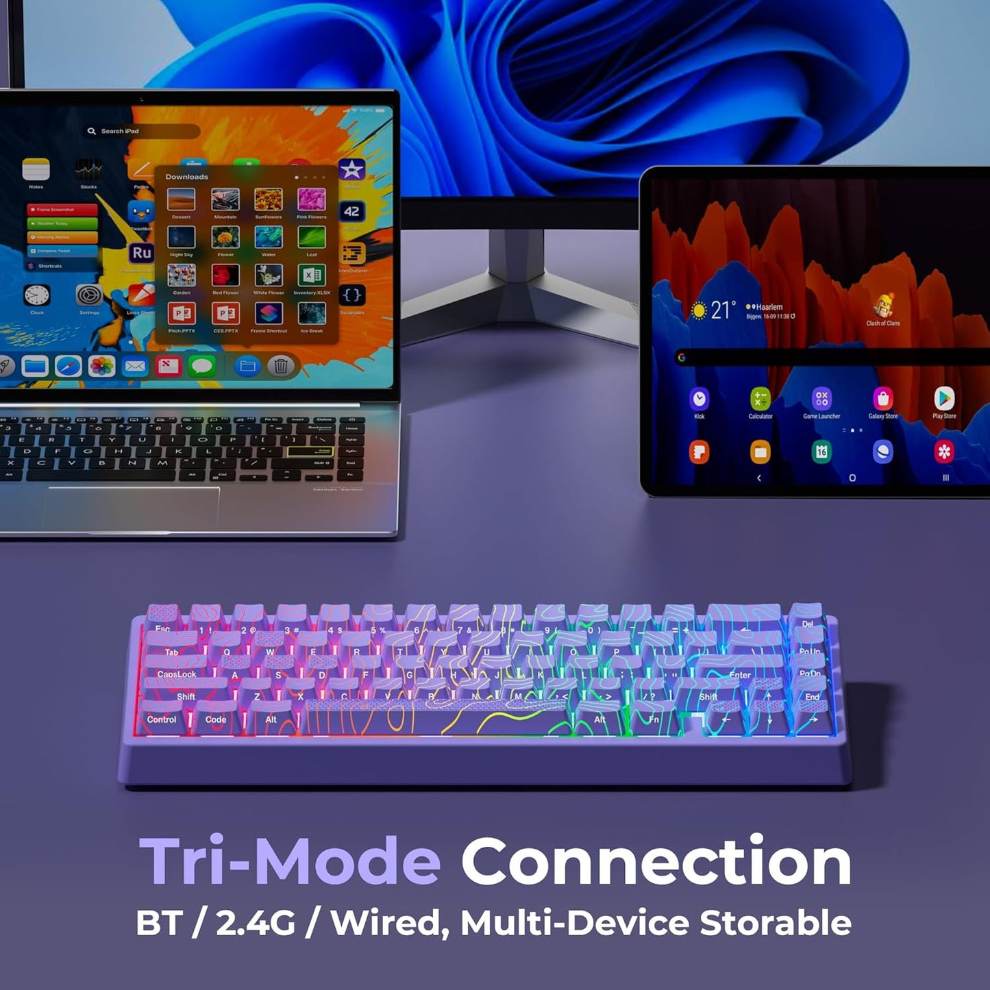 XVX M67 Wireless 60% Percent Keyboard, QMK/VIA Topographic Gaming Keyboard, Tri-Mode Thocky Creamy Mechanical Key Board, Hot Swappable Gasket Mount RGB IMD Tech for Win/Mac, Miami Theme, White
