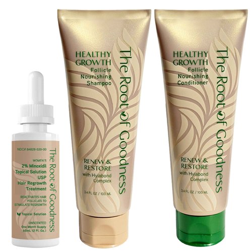 Joyce Giraud Root of Goodness 3 Step Hair Regrowth System with Shampoo, Conditioner and Minoxidil Topical Solution, Renew & Restore with Hylabond Complex