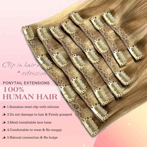 Royaomis Clip in Hair Extensions Real Human Hair, 18inch 140g 7pcs Human Hair Clip in Extensions for Women, Remy Blonde Hair Extensions Clip Ins, Soft & Natural Human Hair Extensions(18-#P18_613)