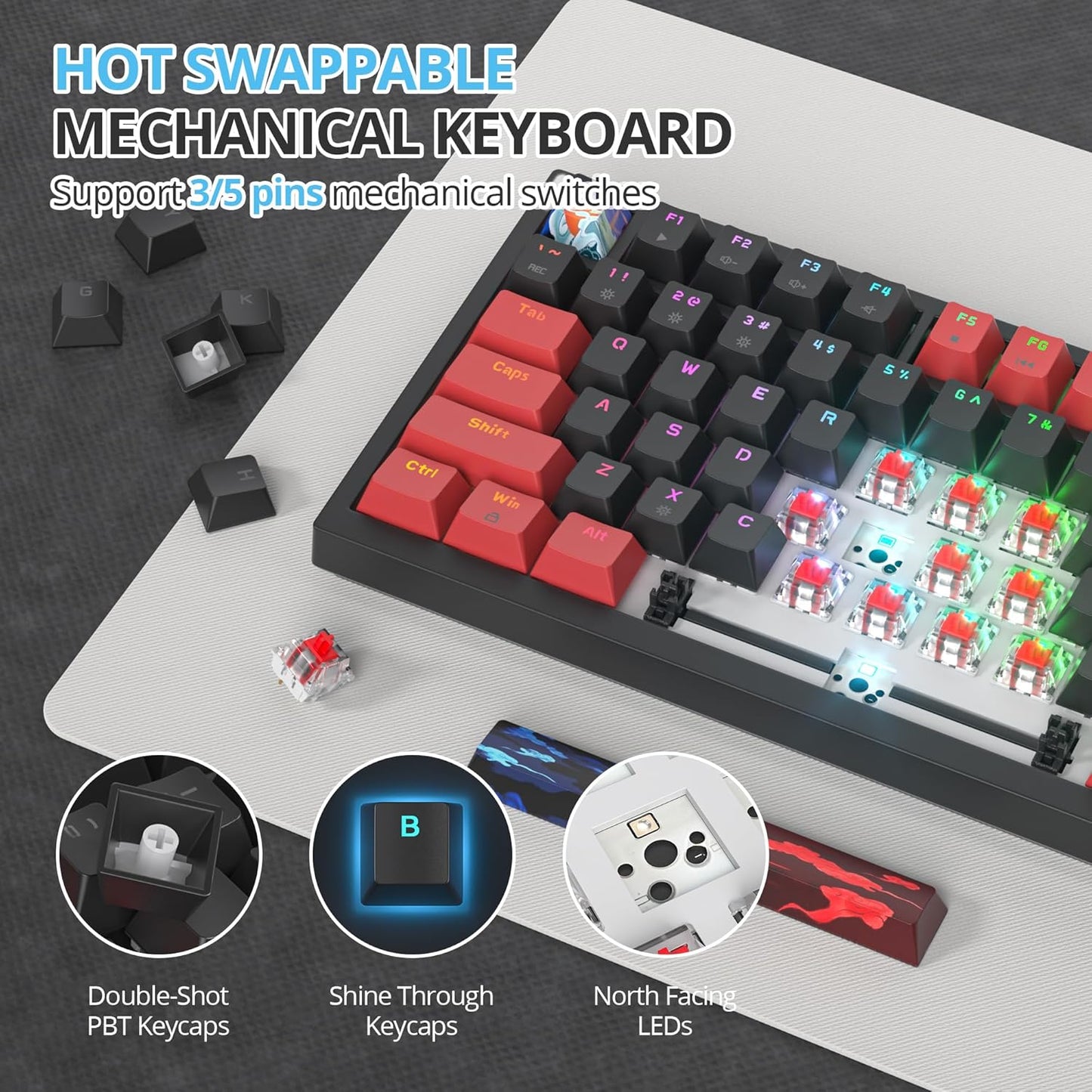 75 Percent Keyboard Gasket-Mounted with Sound Absorbing Pads, 82-Key Compact Wired RGB Mechanical Gaming Keyboard Hot-Swap Socket for Win, Fog Blue