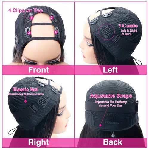 Homgoss U Part Wigs With Drawstring for Women Straight Human Hair Wigs 200% Density U Part Human Hair Wigs Can Be Dyed and Bleached(#1B Natural Black, 20 inch)