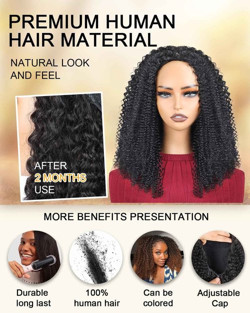 Kinky Curly Half Wig Human Hair With Drawstring 200% Density, Seamless 3 In 1 Flip Over Afro Kinky Curly Wig Human Hair Glueless Wear and Go Headband Curly Half Wigs for Black Women 18 Inch
