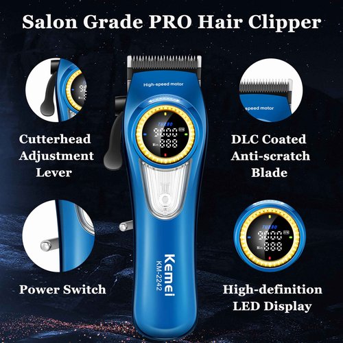 KEMEI Professional Hair Clippers for Men, Cordless Barber Clippers with LED Display and Charging Base, T-Blade Hair Trimmer, KM-2242 Blue, KM-1677