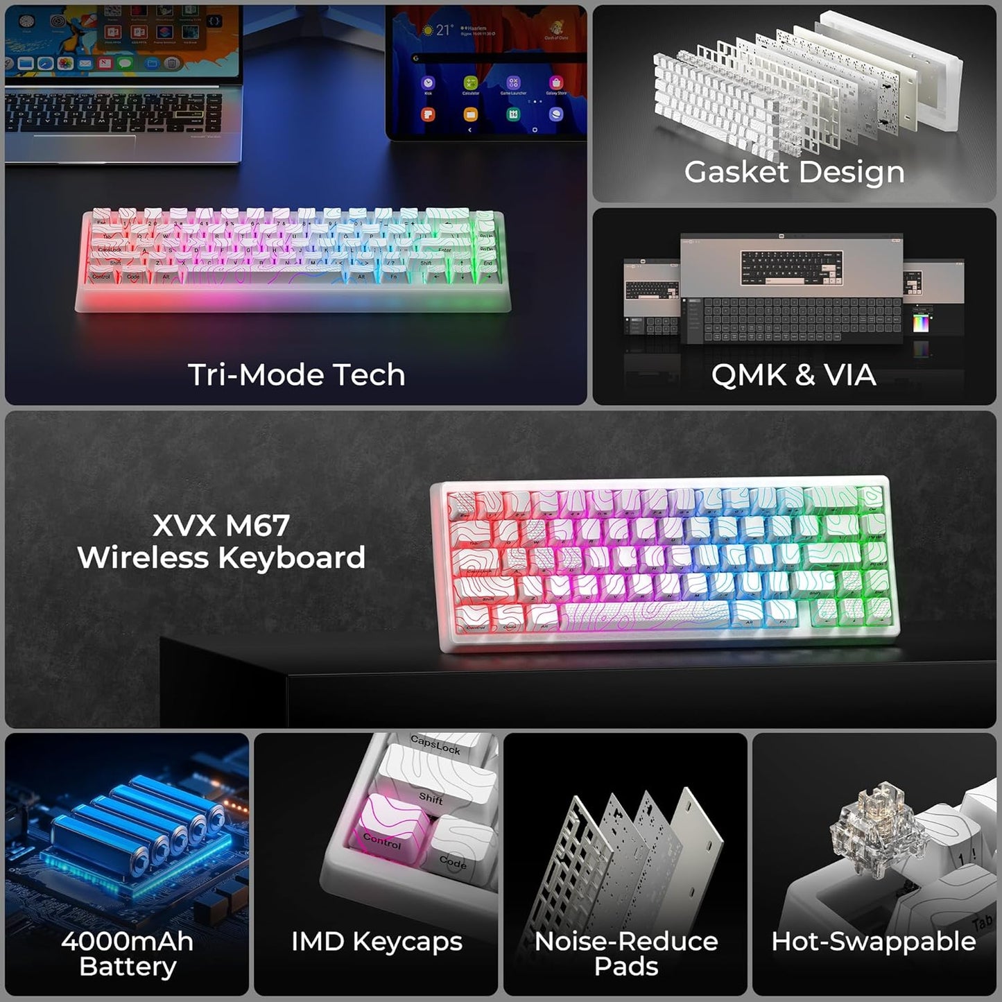 XVX M67 Wireless 60% Percent Keyboard, QMK/VIA Topographic Gaming Keyboard, Tri-Mode Thocky Creamy Mechanical Key Board, Hot Swappable Gasket Mount RGB IMD Tech for Win/Mac, Miami Theme, White